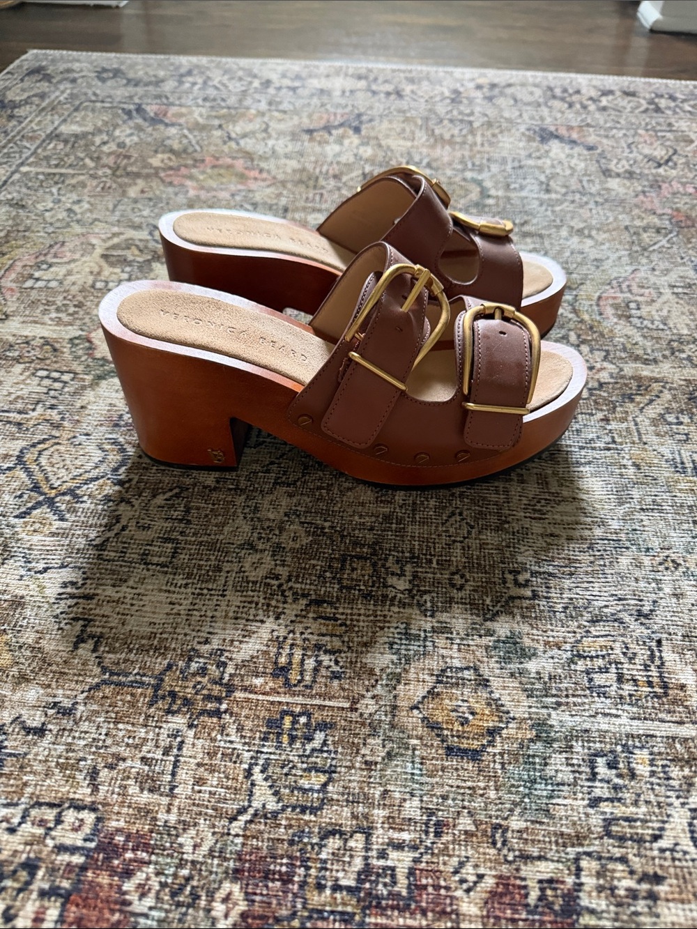 Veronica Beard Brown Leather Buckle Clog Mules